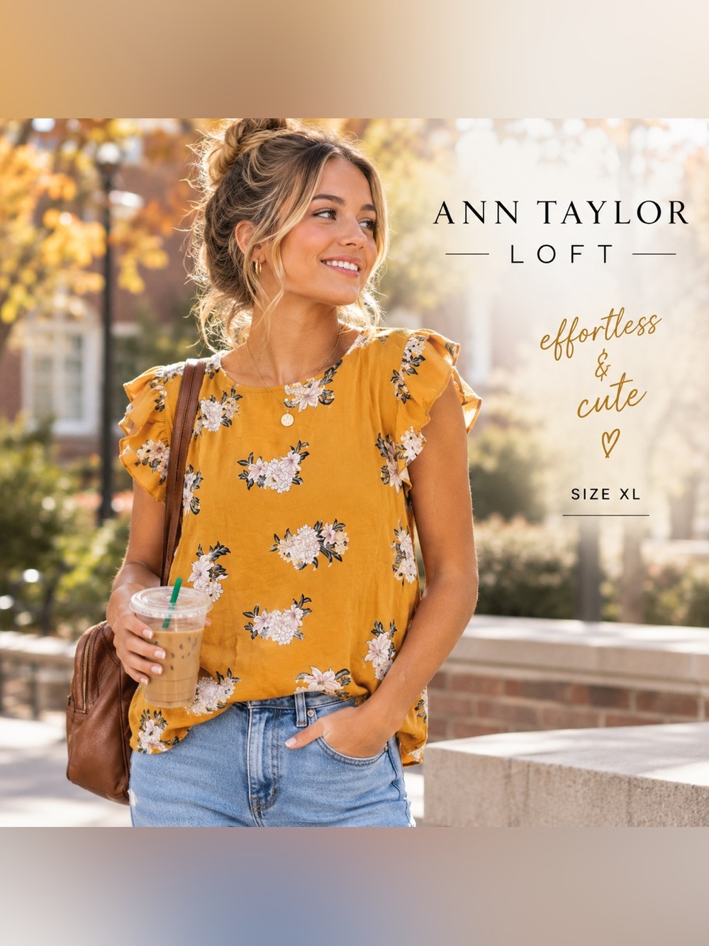 NEW Ann Taylor LOFT XL Mustard Floral Flutter Sleeve Blouse